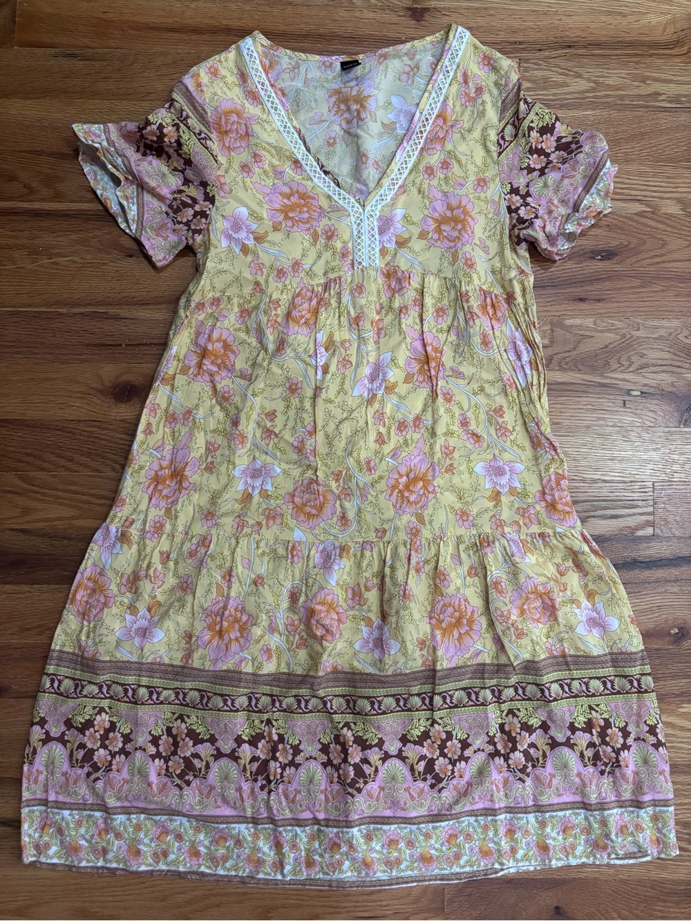 Yellow Floral Boho V-Neck Dress